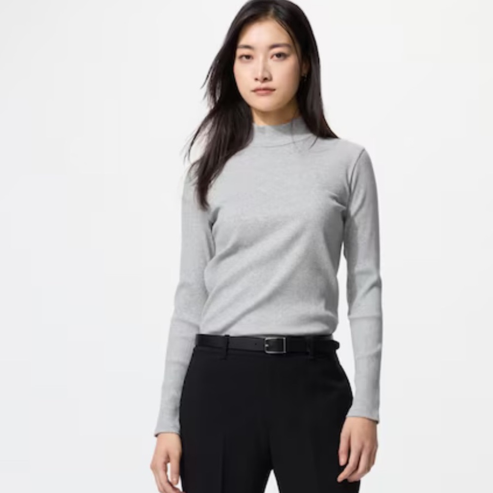 GUC Uniqlo Mock Neck Ribbed Long Sleeve Shirt, Blue, XL